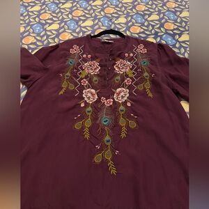 Johnny Was Burgandy Silk Embroidered Long Sleeve Blouse Sz XL